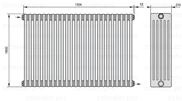 Схема (чертеж) Радиатор Zehnder Charleston 6180/24 №1670 Белый глянцевый RAL 9016